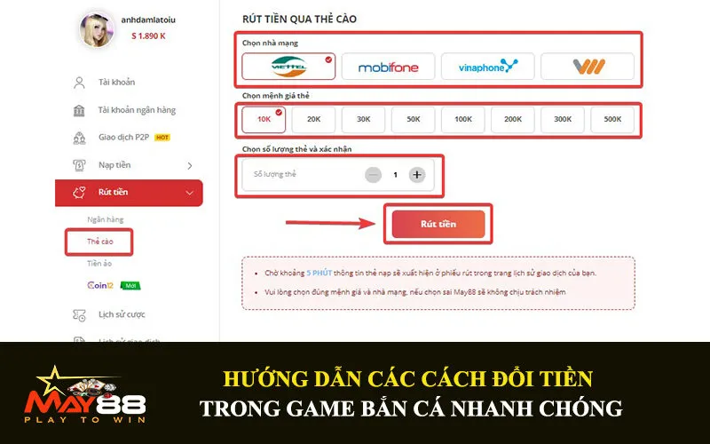 Cách đổi tiền trong game bắn cá - Đổi tiền qua thẻ cào điện thoại