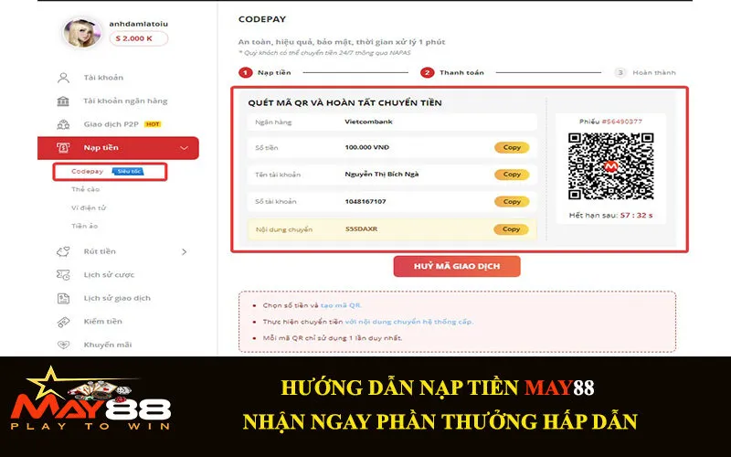 Nạp tiền qua ngân hàng